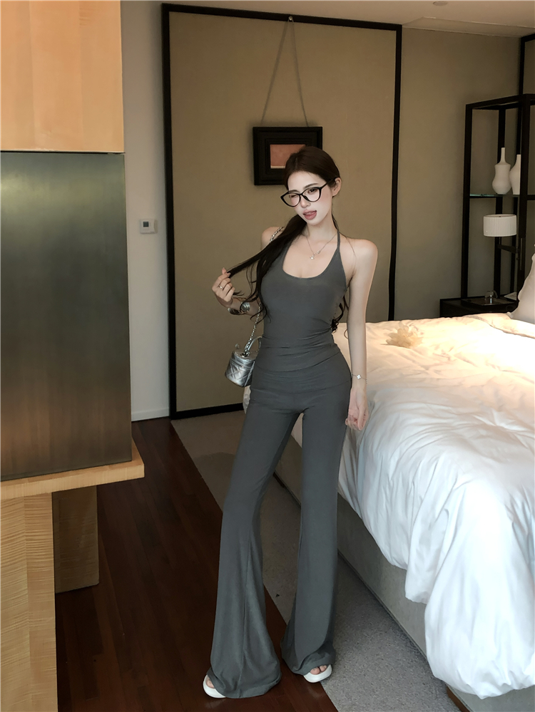 垂垂裤翻折腰头多色微喇叭休闲显瘦长裤背心套装夏季气质上衣吊带