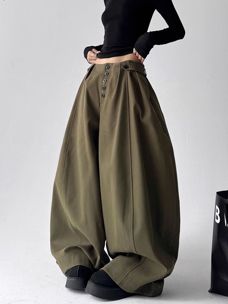 美式辣妹宽松慵懒松弛感牛仔裤子女复古水洗廊形打褶军绿色拖地裤