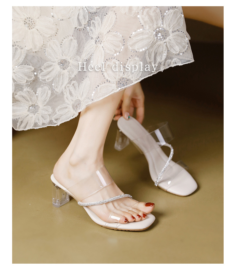 2025年夏季新款水晶粗跟时尚百搭踩屎感钻带透明千金鞋子名媛风