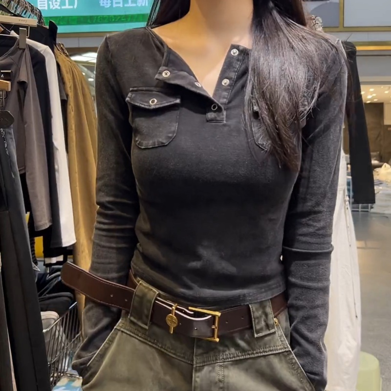 美式辣妹半开领口袋磨毛长袖T恤女秋冬内搭修身打底上衣LK2506002