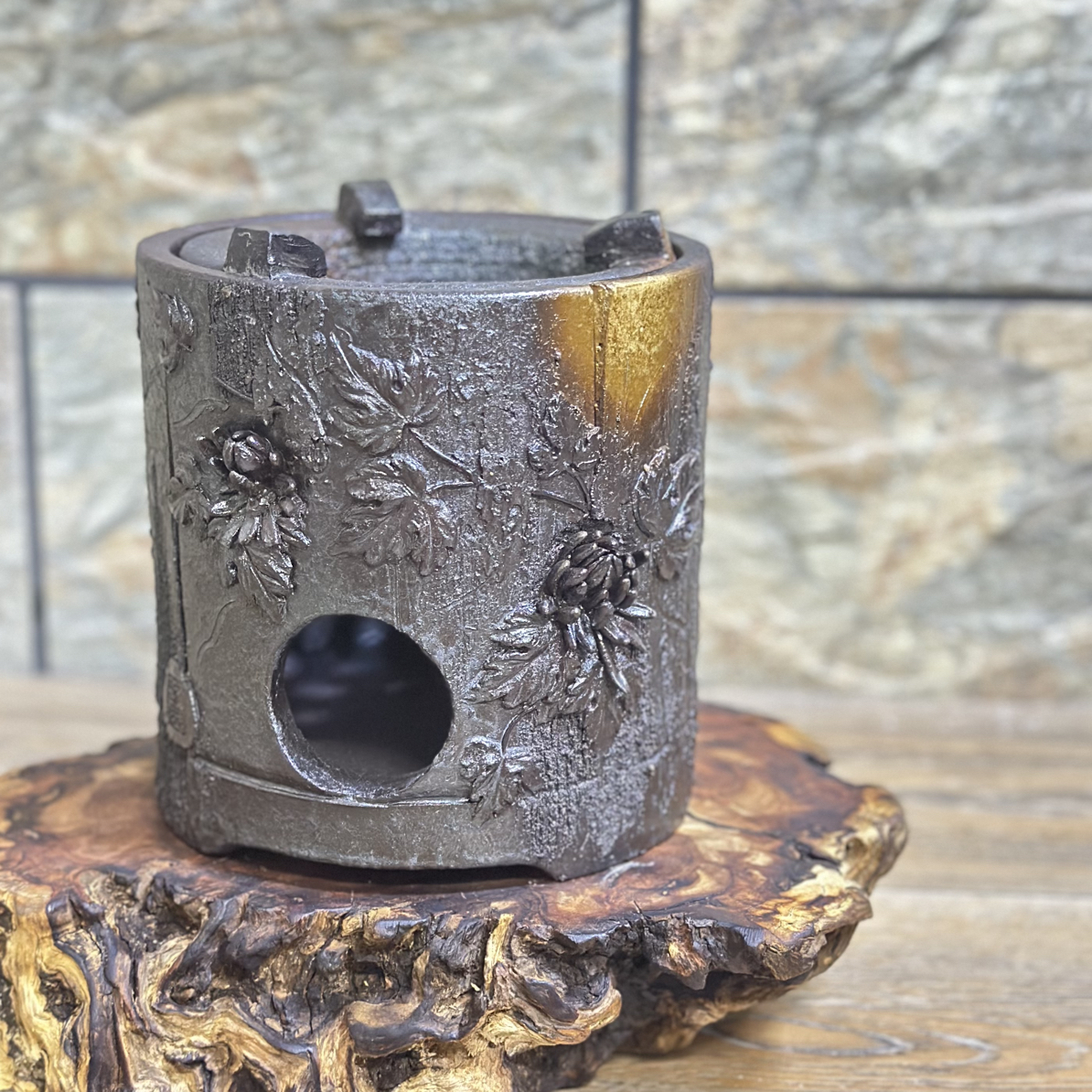 仿龙窑柴烧窑变阴雕阳刻炭火双用煮水煮茶炉"梅兰菊竹四款"可选