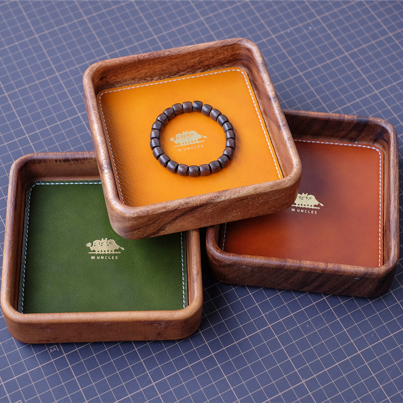 胡桃木拼牛皮桌面收纳盘 文玩手串核桃托盘 头层牛皮首饰展示盘子