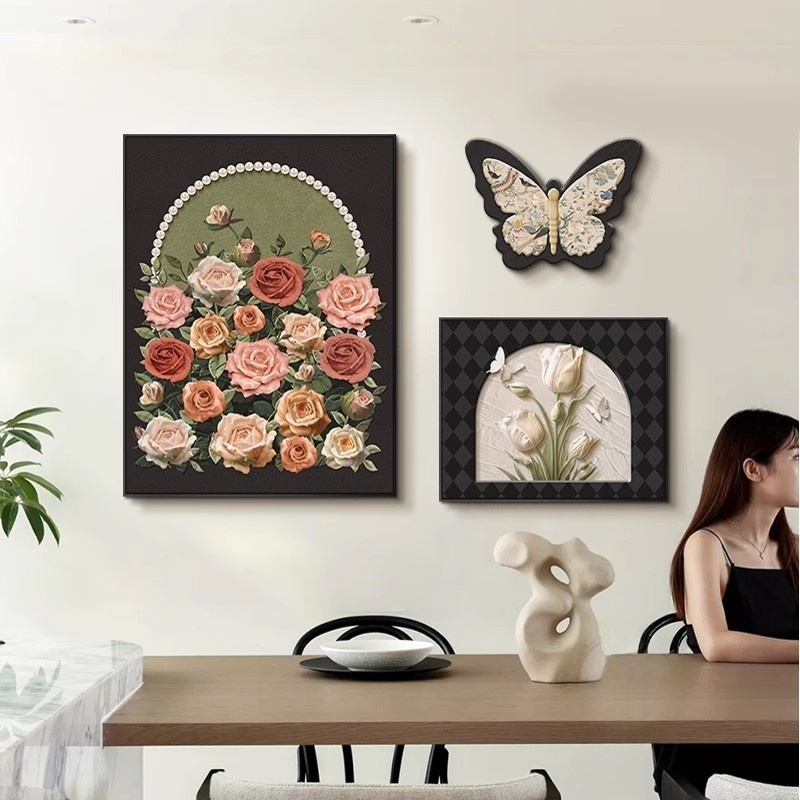 法式中古风餐厅装饰画蝴蝶玫瑰高级感客厅壁画奶油风饭厅餐桌挂画