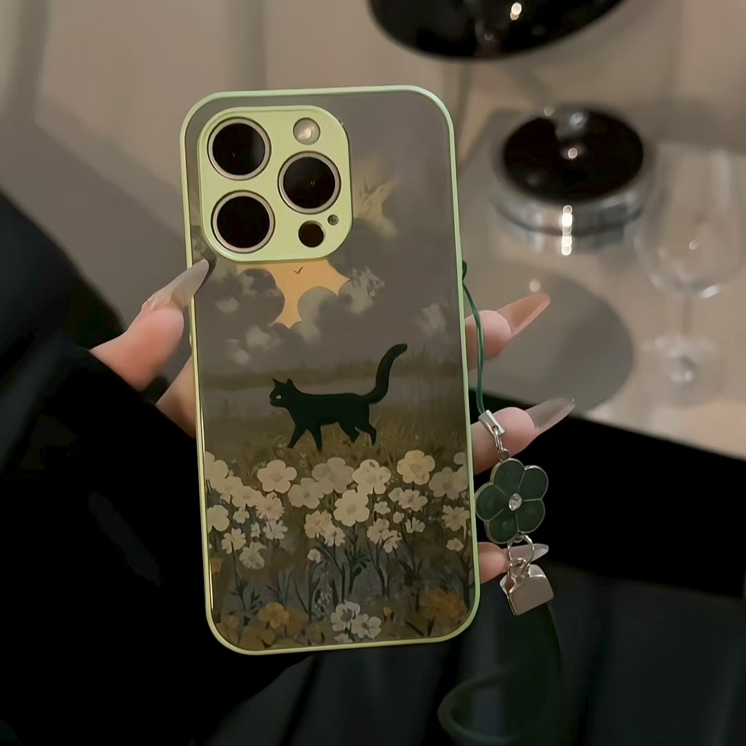 金属直边玻璃适用苹果/华为/小米/vivo/oppo黑猫插画is挂绳手机壳