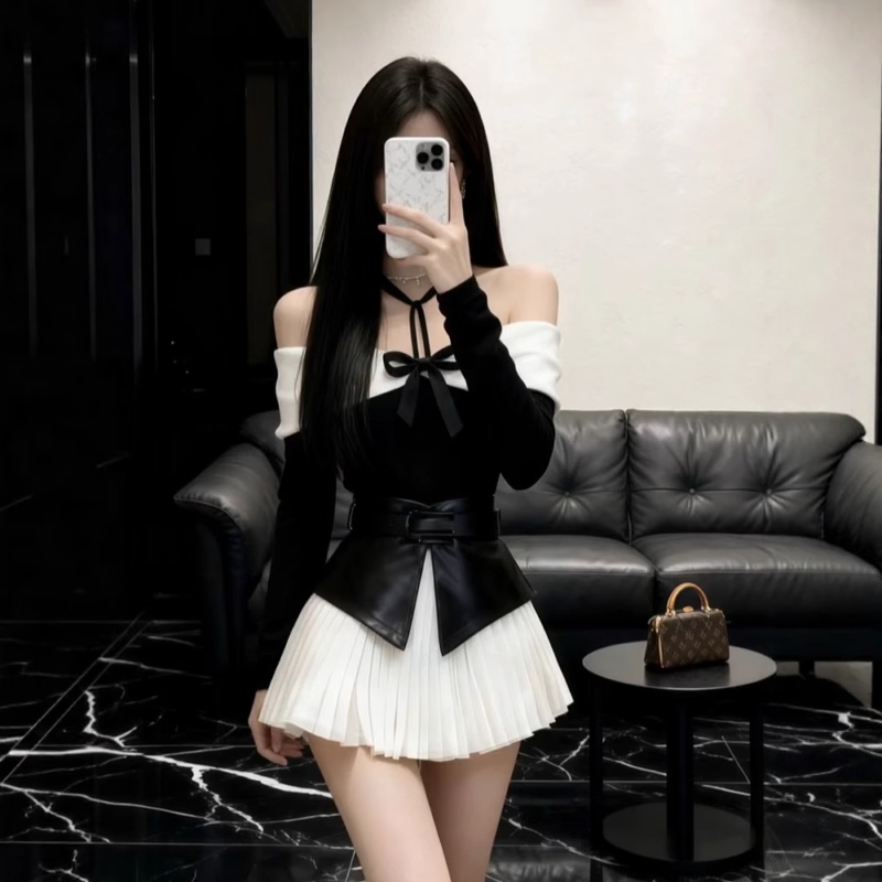 御姐辣妹风蝴蝶结pu皮拼接长袖上衣女秋冬新款高腰百褶半身裙套装