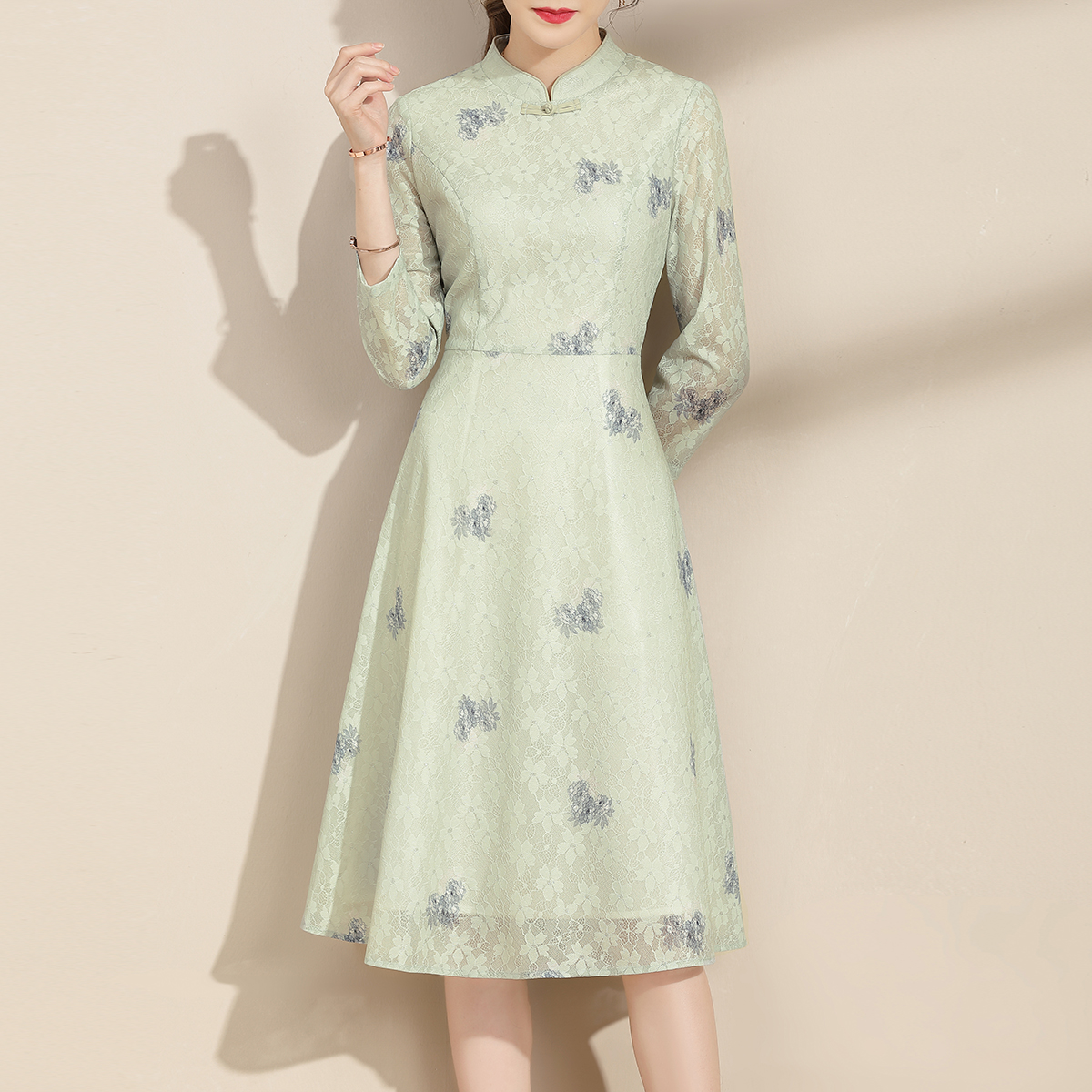 春秋季中腰七分袖新中式连衣裙显瘦复古夏季长袖春季