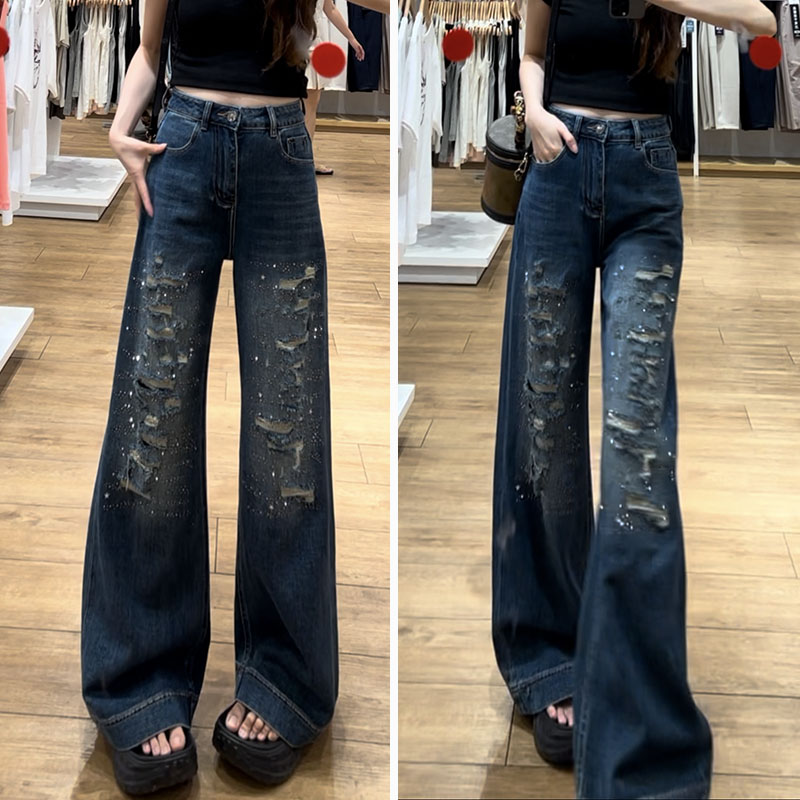 秋冬新款贴布破洞烫钻牛仔裤女复古设计感宽松显瘦垂感直筒喇叭裤