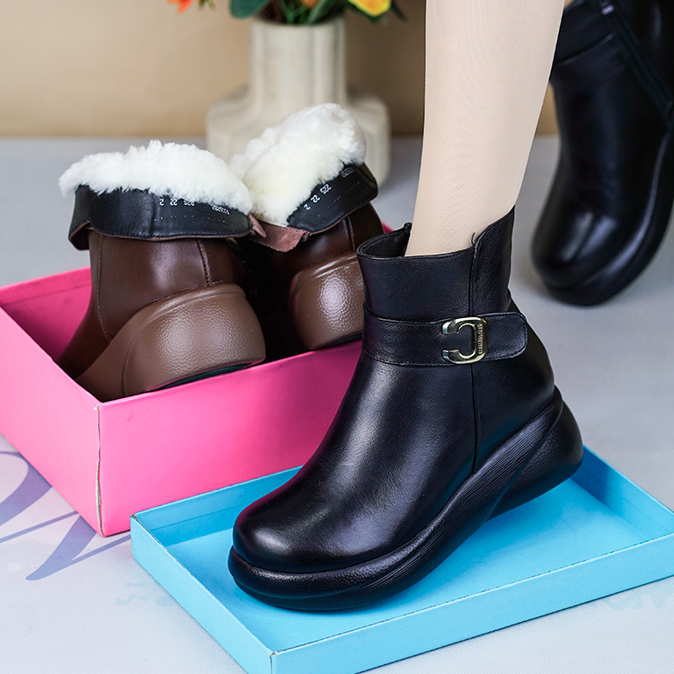 d6282冬季新款真皮厚底加厚羊毛鞋圆头松糕底棉靴女休闲保暖女靴