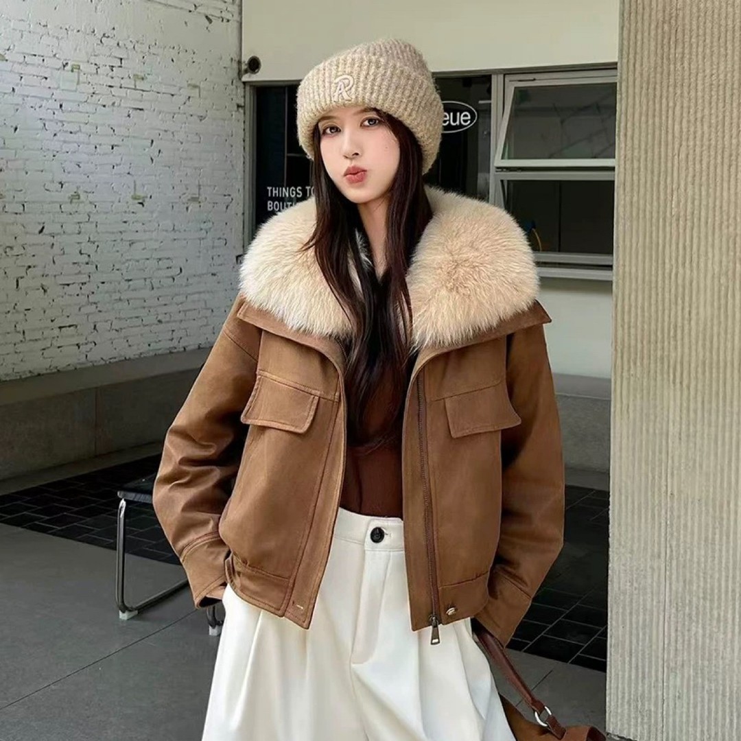 La babite毛领可拆卸冬季短款加绒厚时尚韩系百搭保暖外套女韩版