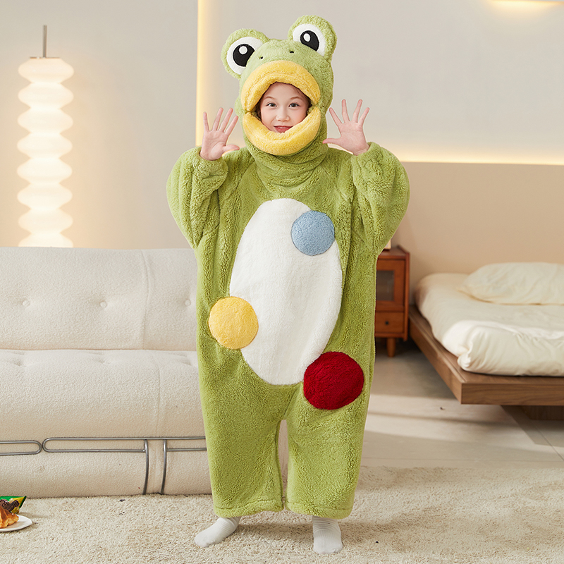 青蛙儿童可爱搞怪连体睡衣珊瑚绒保暖男女童法兰绒卡通动物家居服