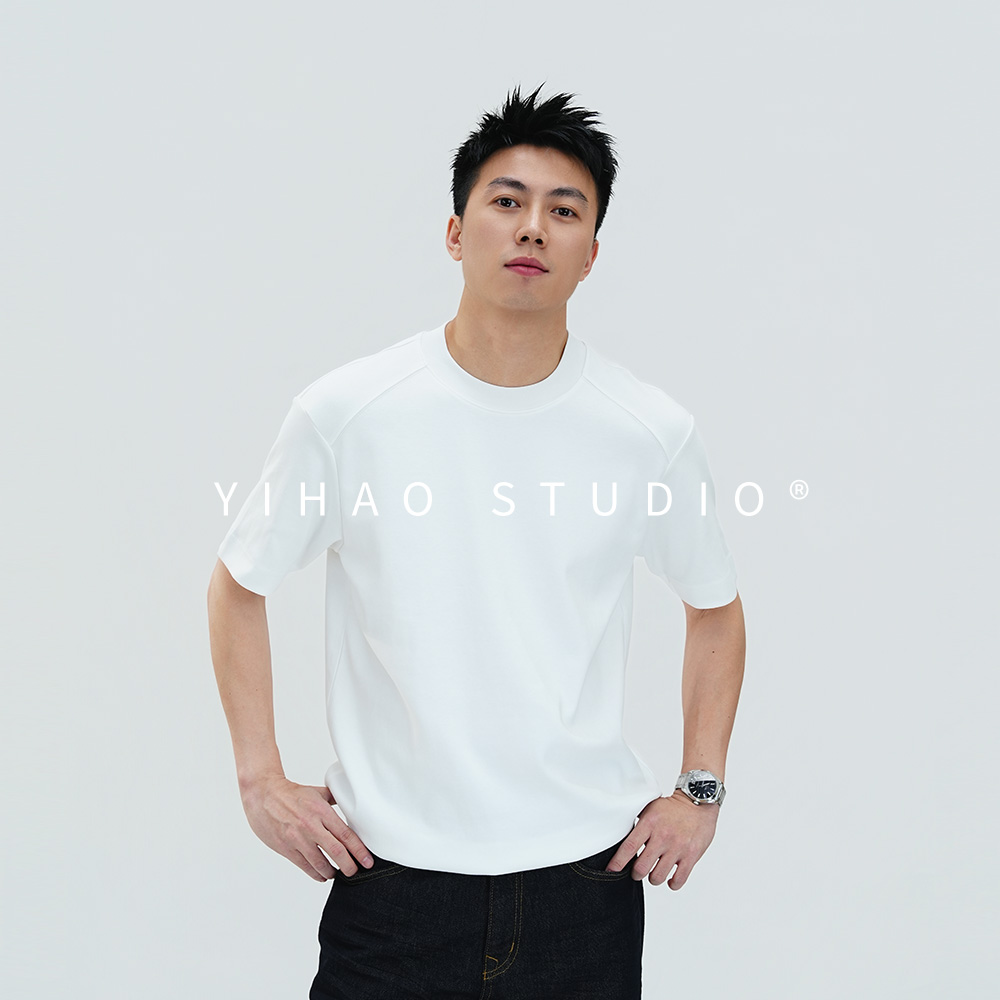 YIHAO STUDIO秋季男款匹马棉纯色半袖T恤时尚百搭休闲圆领短袖