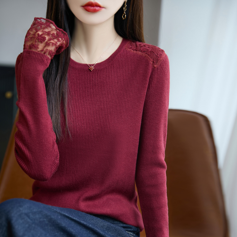 品牌时尚女装圆领蕾丝拼接长袖针织衫女修身显瘦打底衫内搭上衣