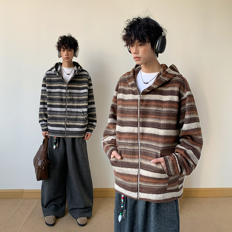 日系慵懒条纹秋季新款卫衣男美式复古毛呢宽松系休闲帽衫外套