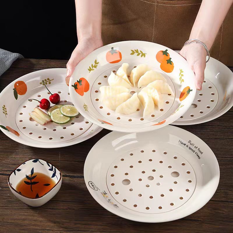 新款饺子盘沥水双层盘饺子专用盘圆盘果盘26*26*4.4cm