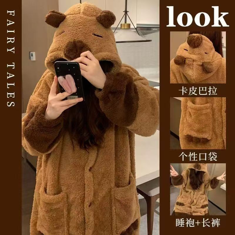 卡皮巴拉睡衣女冬季睡袍可爱珊瑚绒加厚中长款家居服套装可外穿
