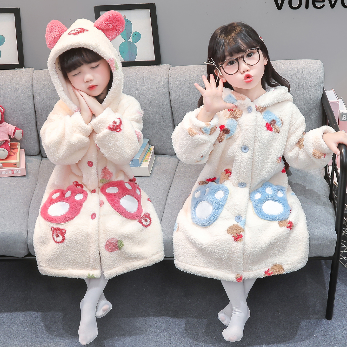 儿童睡袍珊瑚绒冬季女宝连帽长款睡衣小女孩秋冬款法兰绒女童浴袍