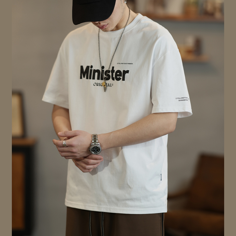 260g重磅洗水纯棉短袖t恤男士夏季新款宽松潮牌字母印花圆领体恤