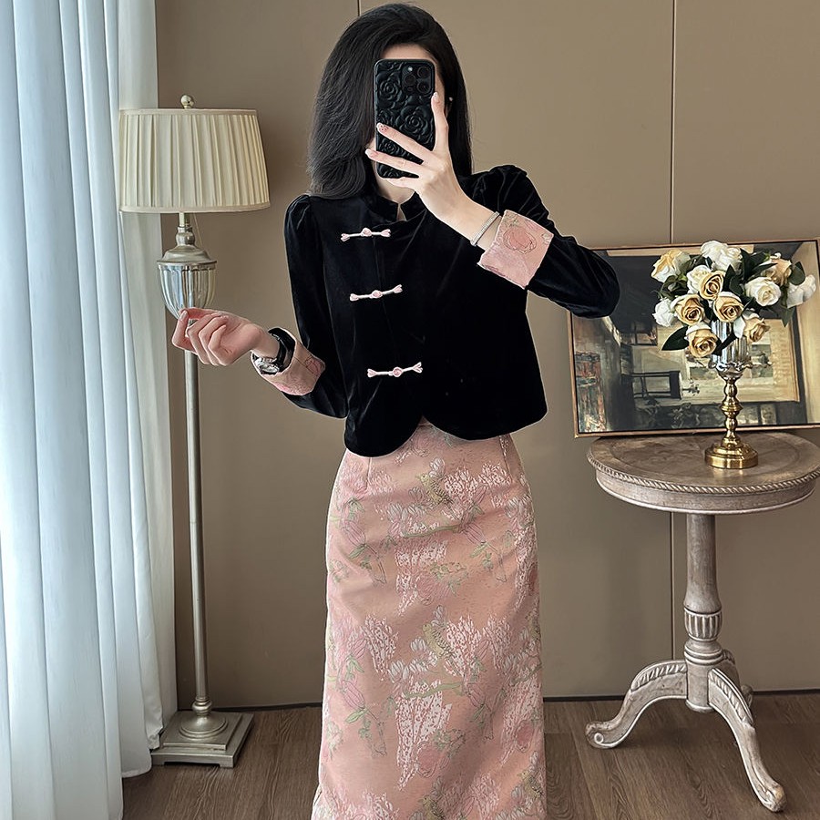 春季复古风盘扣上衣开叉半身裙两件套女御姐气质新中式国风套装裙