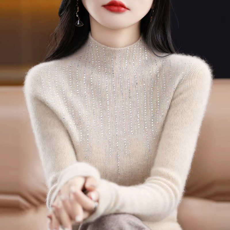 100纯羊绒衫女秋冬新款修身显瘦内搭镶钻羊毛打底衫加厚针织毛衣