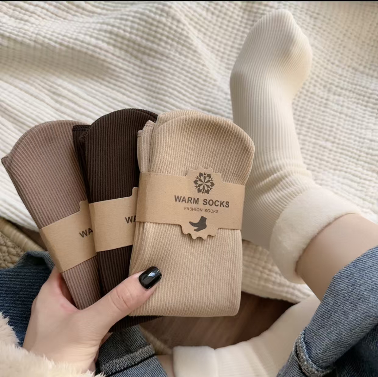 5双雪地袜秋冬款保暖加绒加厚袜冬季保暖条纹中筒袜睡眠冬季袜子