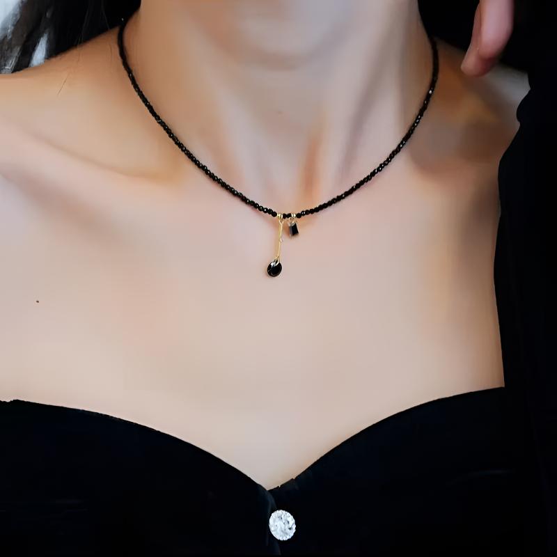 钛钢项链 复古黑色水晶项链女高级感小众设计感美合手工编织