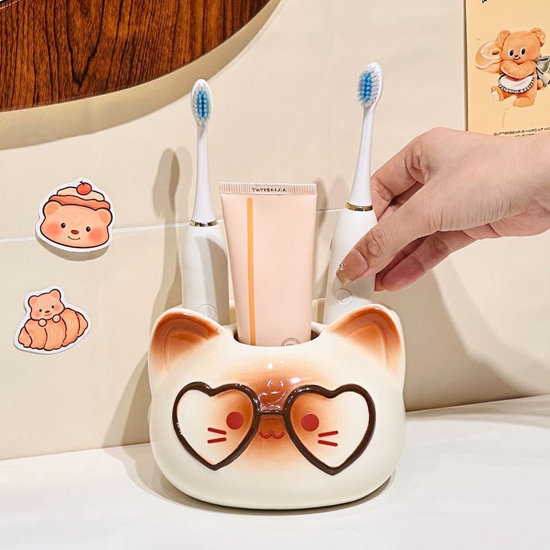 爱心猫可爱呆萌牙刷架陶瓷卡通新款家用卫生间牙膏牙具收纳牙刷架