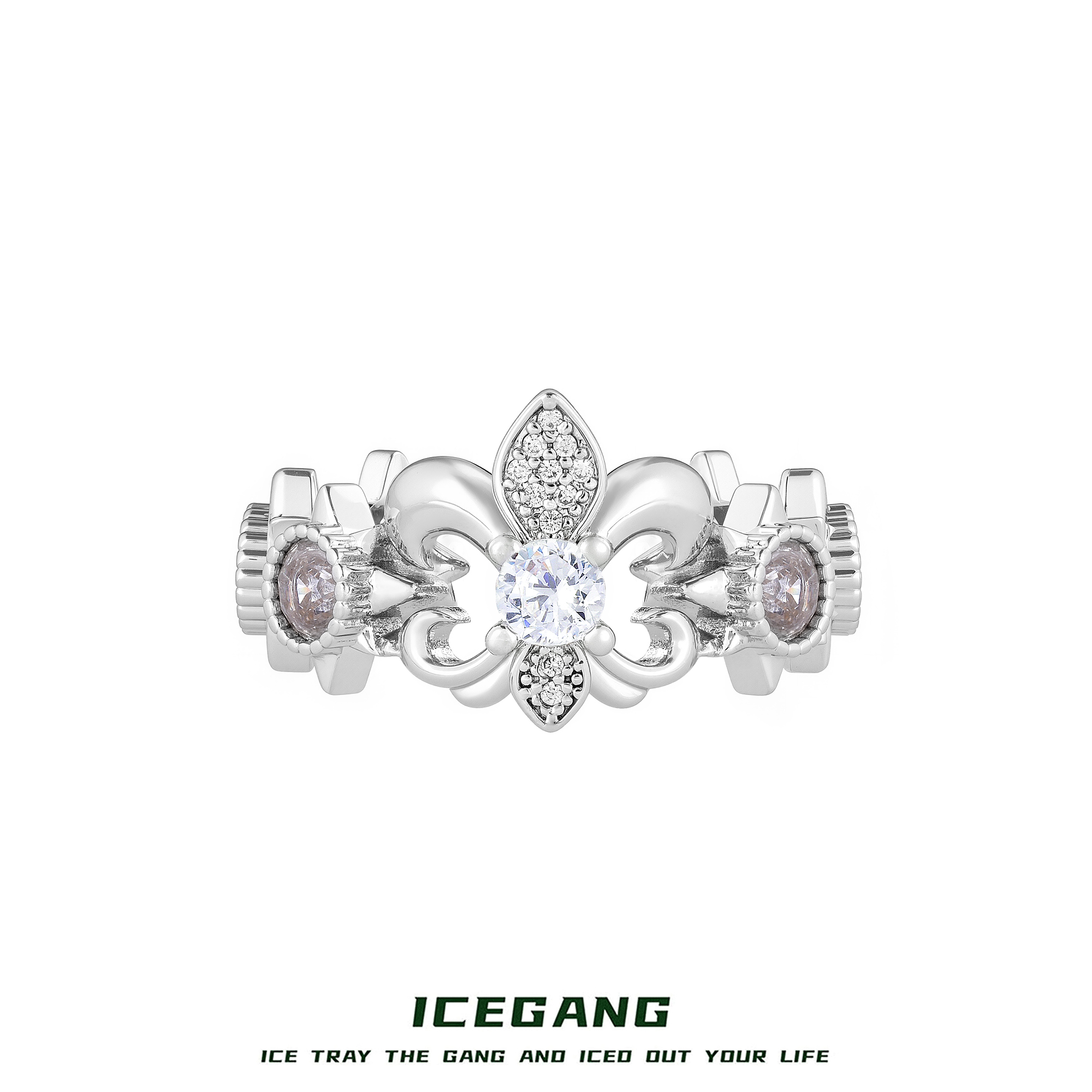 ICEGANG 铜合金莫桑石戒指 鸢尾花复古十字架戒指开口可调节莫桑