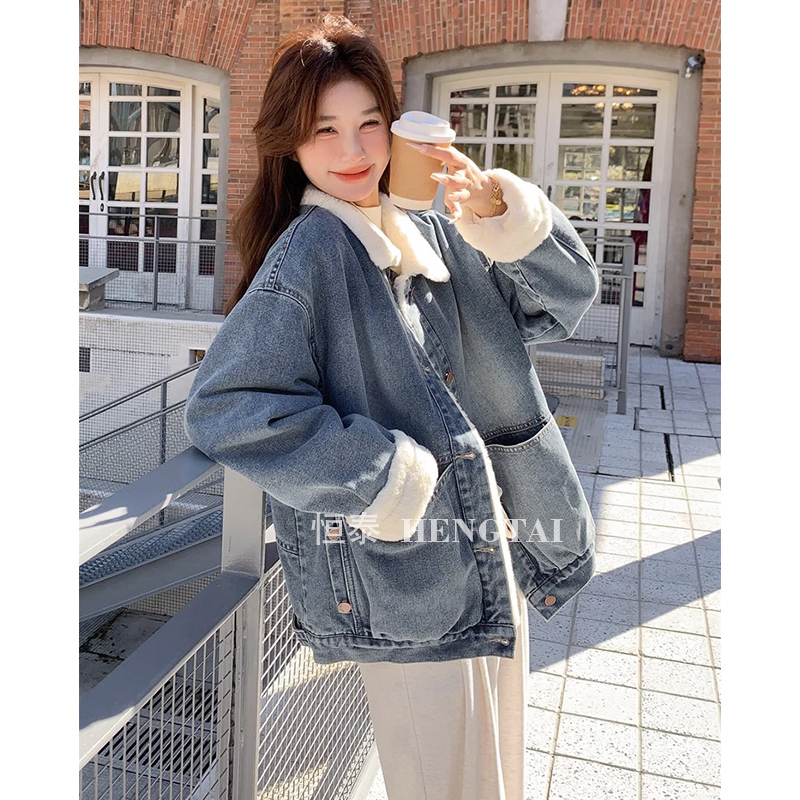 美式复古加绒毛毛牛仔外套女冬季加厚保暖毛绒宽松休闲夹克上衣潮