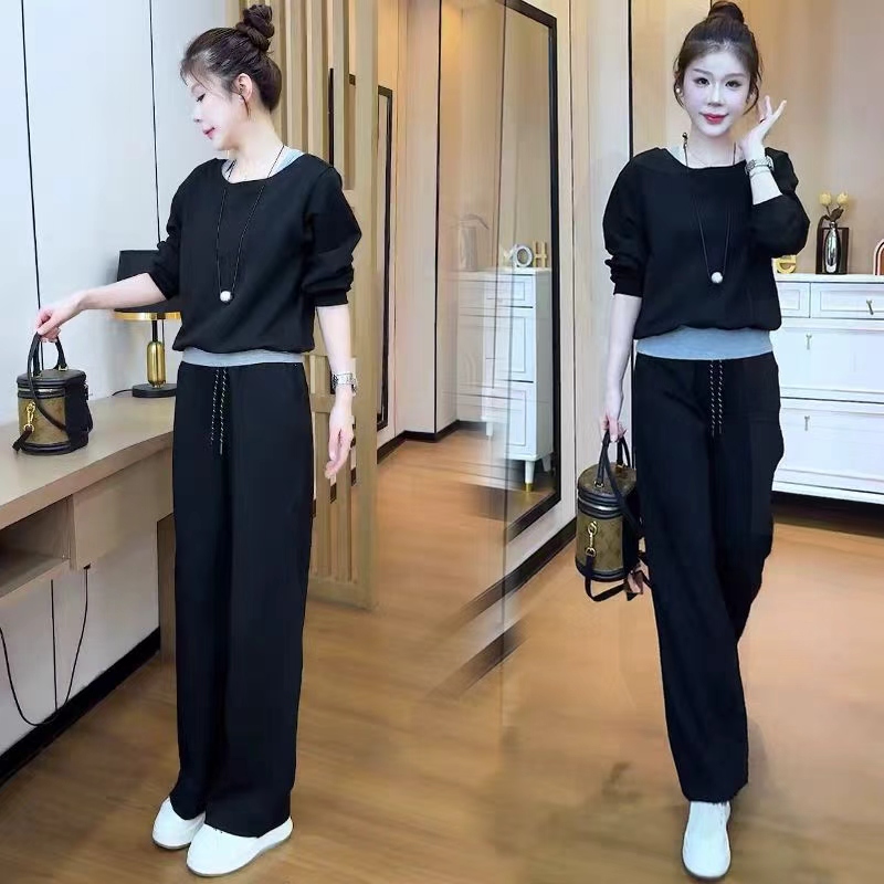 拉夏贝尔休闲时尚套装女2025秋季新款假两件长袖卫衣阔腿裤两件套