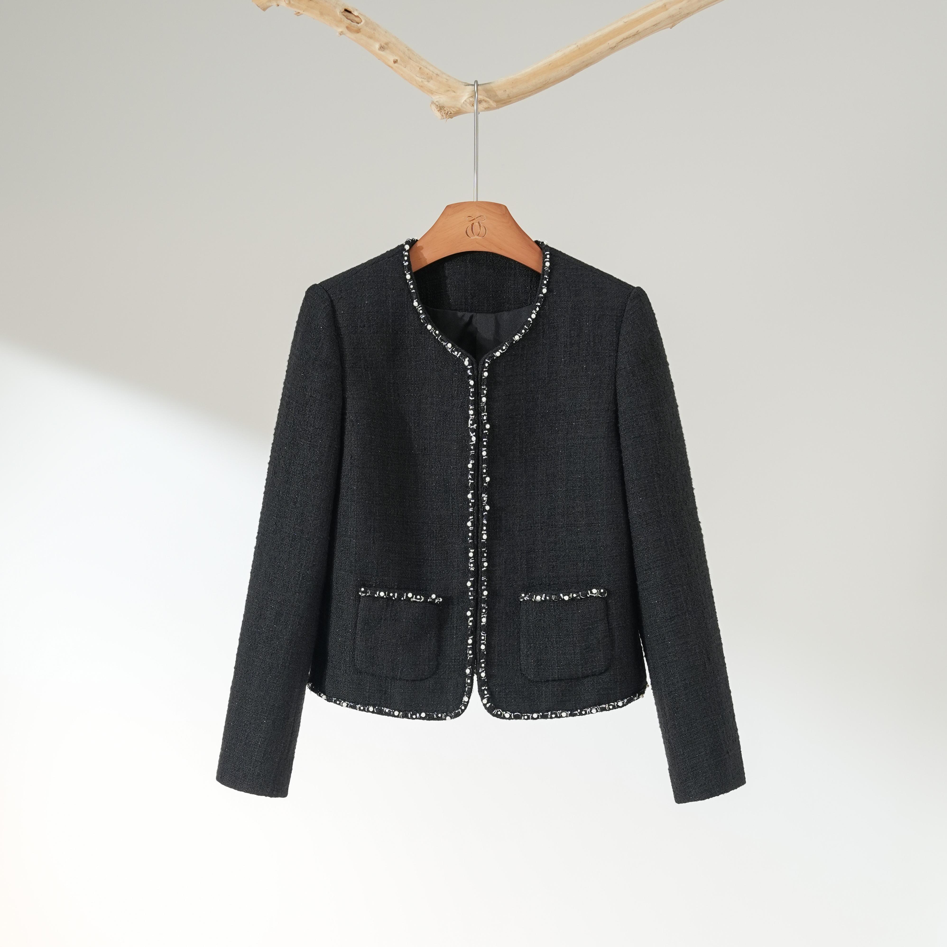 西子/【莫妮卡】法式小香风圆领粗花呢黑色外套/WTHJ165