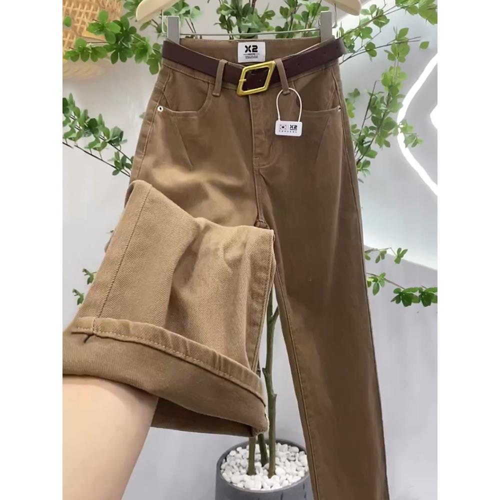 咖啡色高腰阔腿牛仔裤女秋季2025年新款显瘦百搭垂感直筒拖地裤子