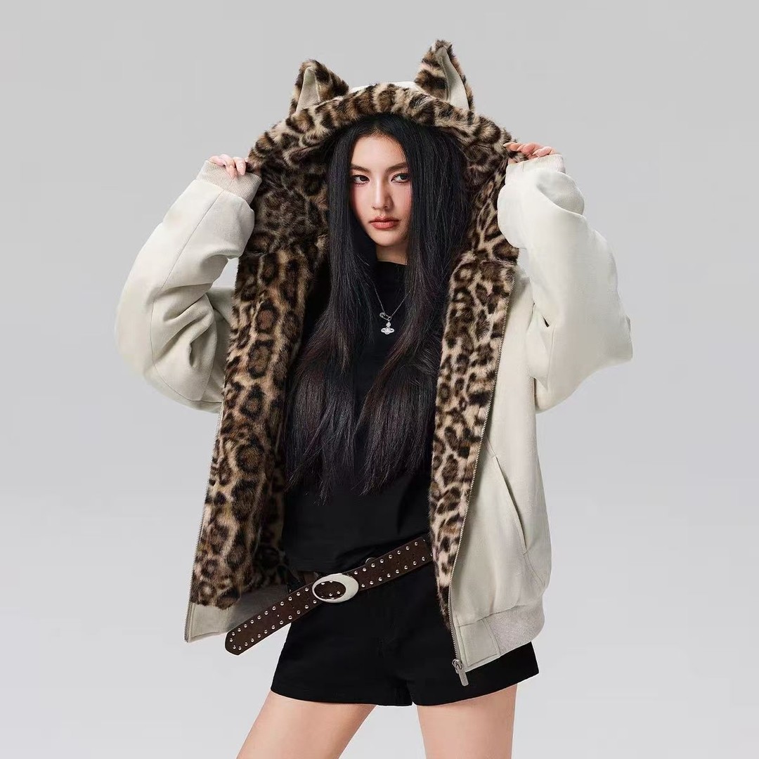 美式复古豹纹猫耳朵连帽棉衣外套2025冬新款宽松百搭加厚情侣棉服