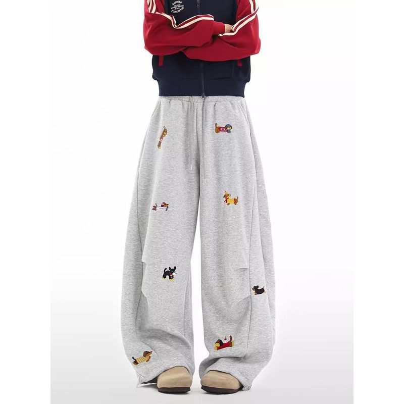 美式街头潮牌小狗刺绣直筒运动卫裤男高街宽松休闲百搭阔腿弯刀裤