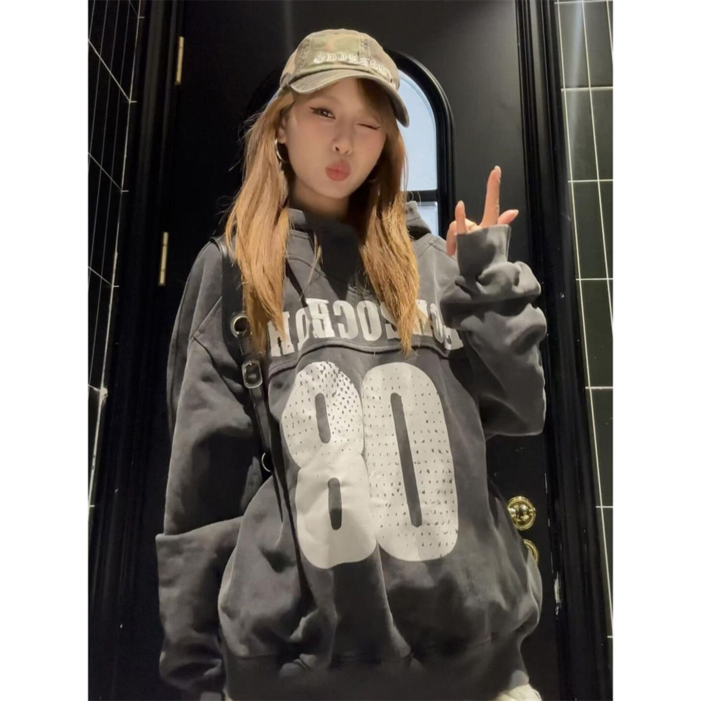 美式高街灰色连帽卫衣女秋冬加绒加厚2025新款宽松慵懒风情侣外套