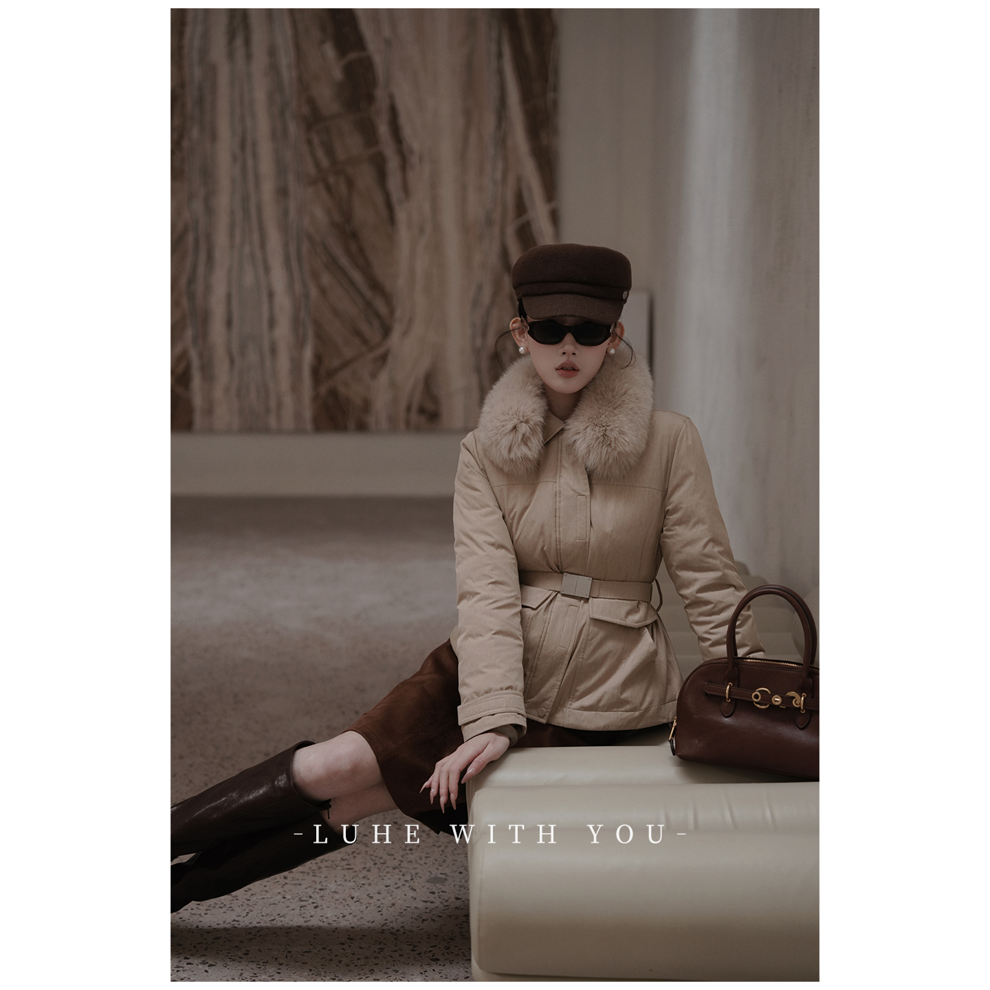 LUHE【西雅图】hehe私服~静奢保暖斜纹料带腰带狐狸毛领羽绒服