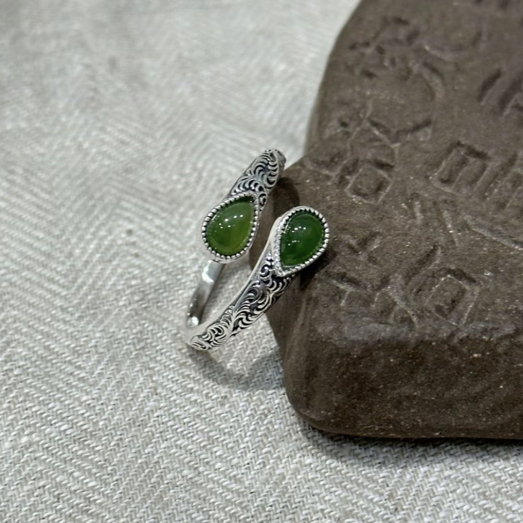 S925通体银和田玉碧玉银复古做旧祥云纹叠口多样设计