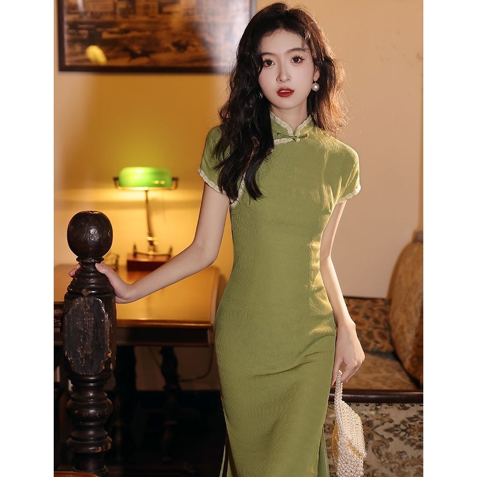 绿色旗袍年轻款少女夏季2025新款连衣裙日常可穿气质优雅新中式女