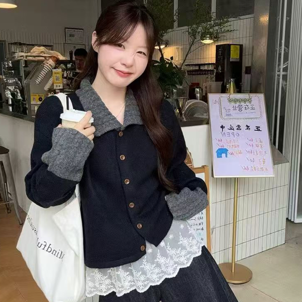 宽松显瘦条纹POLO领长袖针织毛衣开衫百搭慵懒小个子上衣新款女