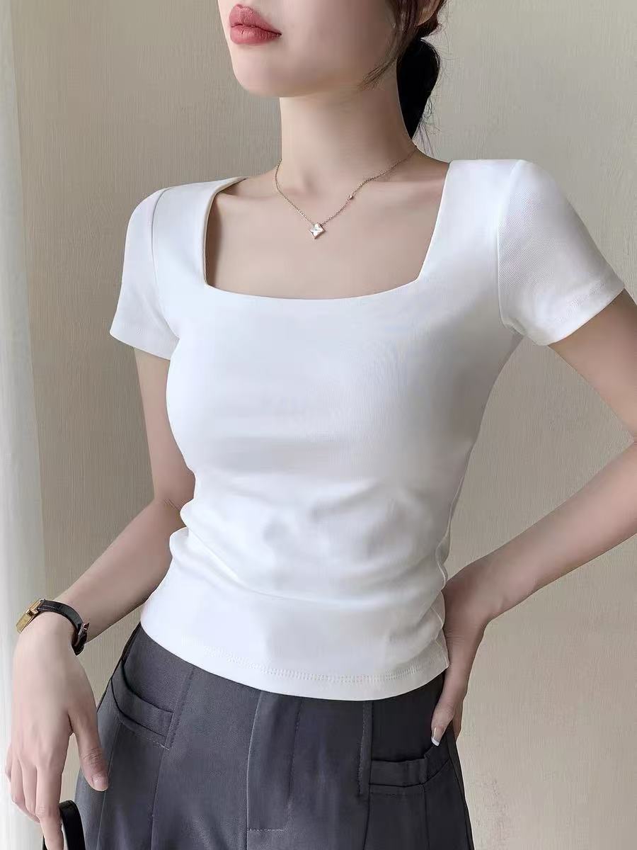 吸汗修身设计感T恤夏季百搭短袖方领纯色显瘦t恤性感打底衫上衣女