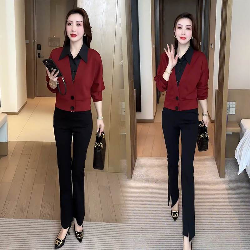 拉夏贝尔时尚假两件衬衫女2025秋季新款设计感小个子衬衣气质上衣