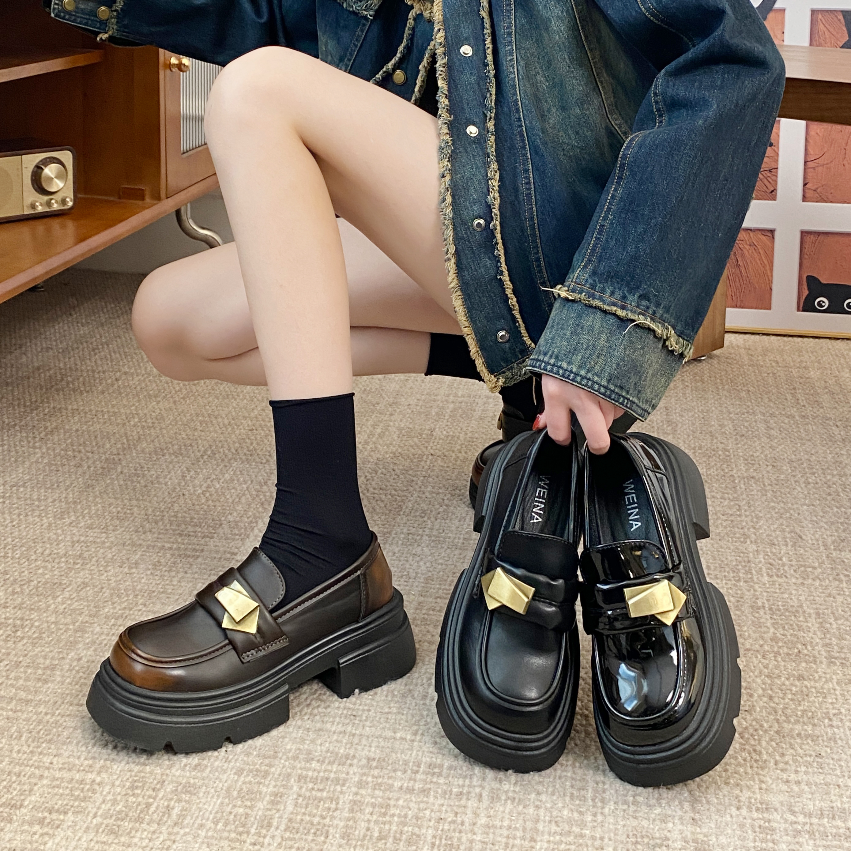 贾不假乐福鞋女款2025秋季英伦风复古百搭名媛风配裙子厚底小皮鞋