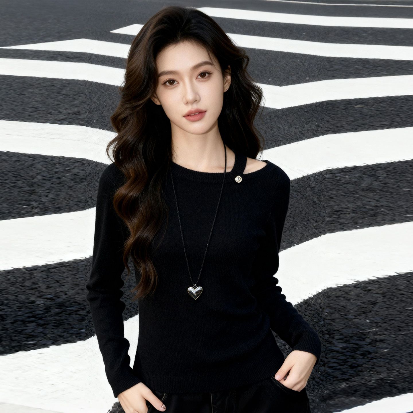 SM潮流韩版慵懒风条纹长袖针织衫女秋冬新款修身显瘦镂空打底上衣