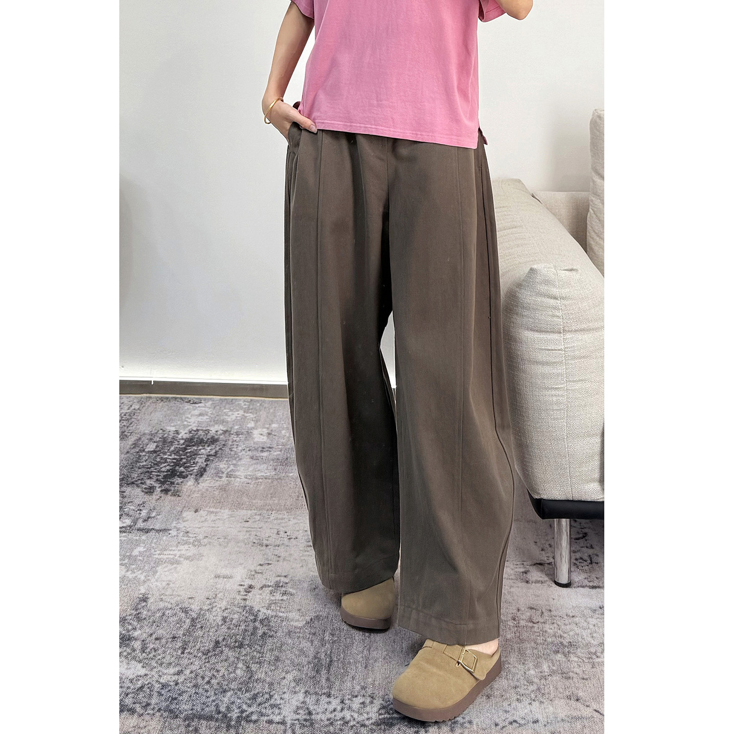 意法春季棉弯刀裤休闲裤香蕉裤显腿瘦高腰镰刀裤N4034