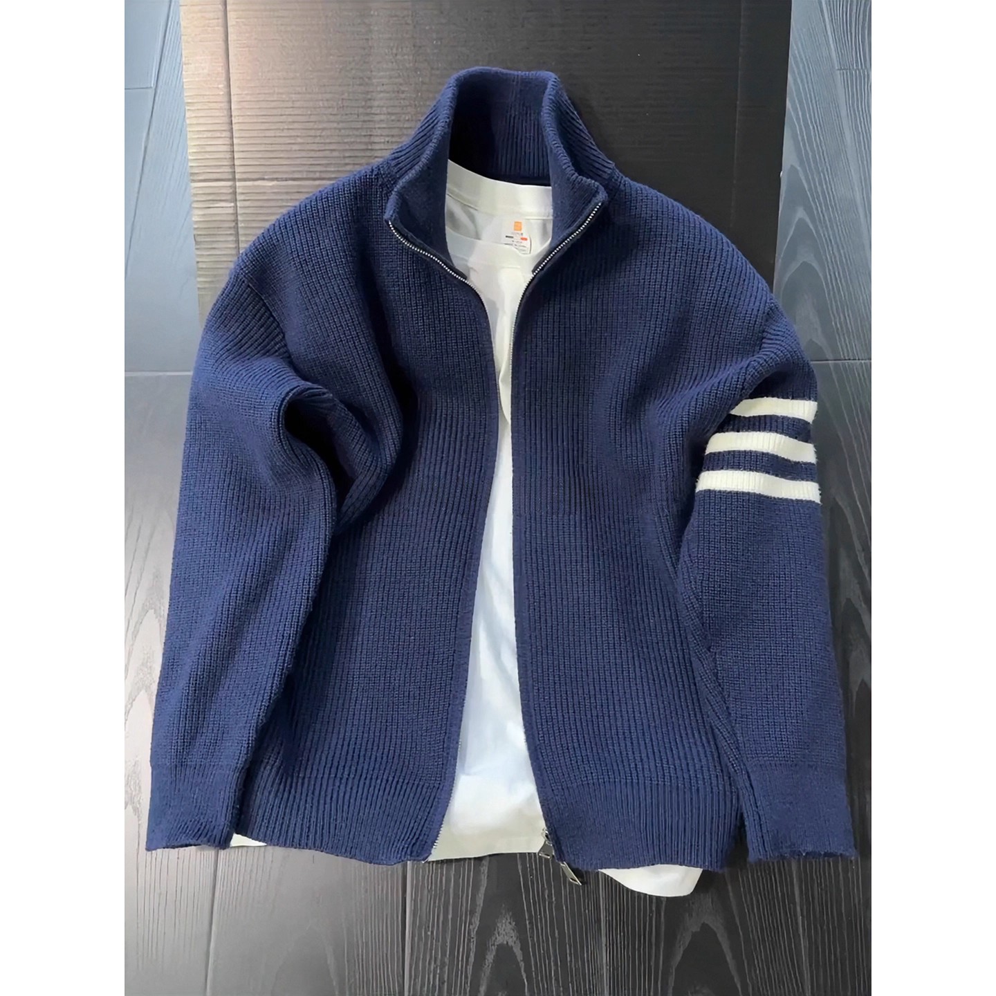 美式复古三条杠开衫外套男秋冬季高级感慵懒针织衫双拉链立领毛衣