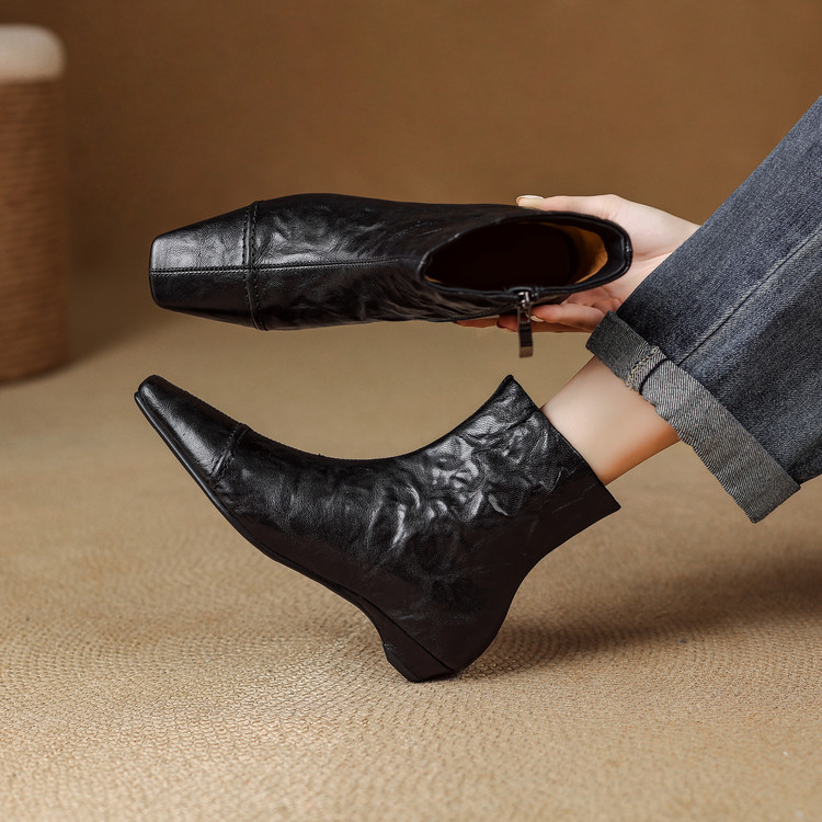 2cm 法式气质通勤百搭粗跟短靴秋冬韩版小众简约风时尚侧拉链短靴