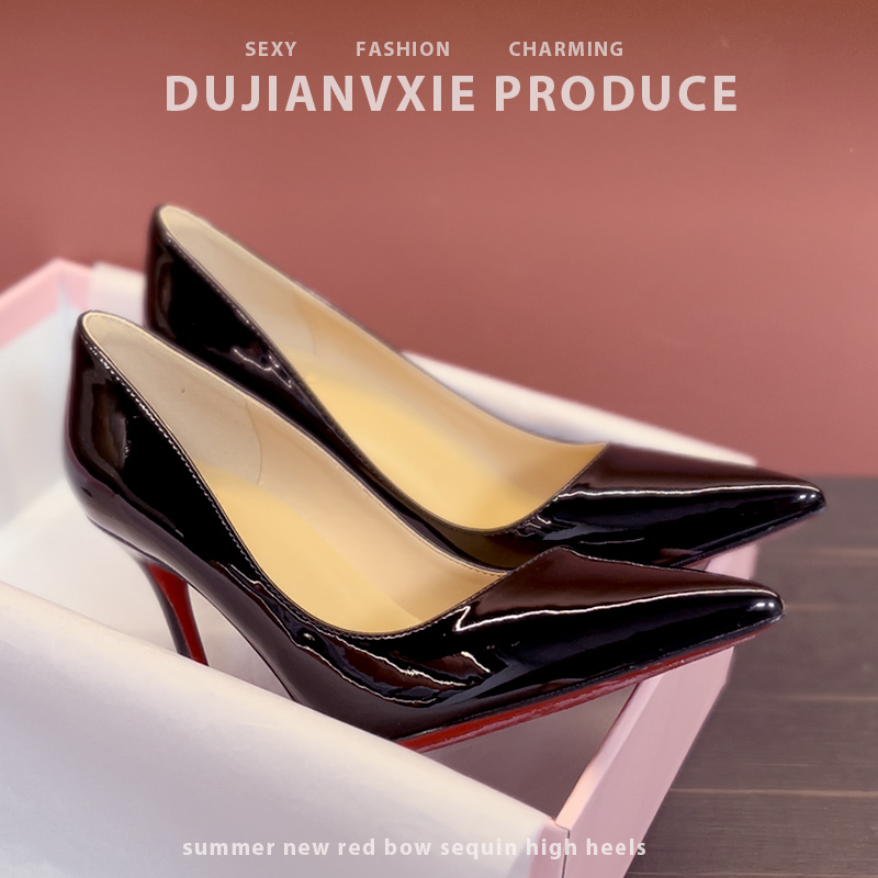 黑色侧空红底高跟鞋女2024春新款漆皮尖头细跟设计感气质时尚单鞋