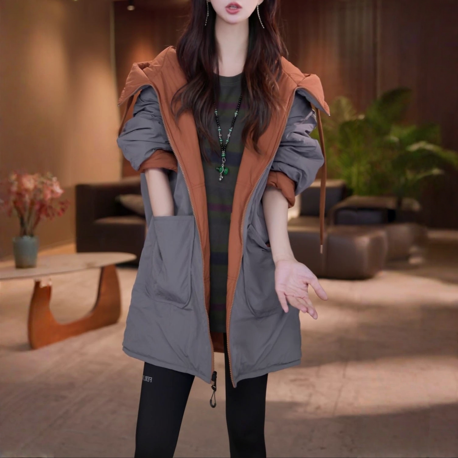 时尚宽松显瘦连帽棉服女2026秋冬新款洋气加厚保暖双面穿棉衣外套