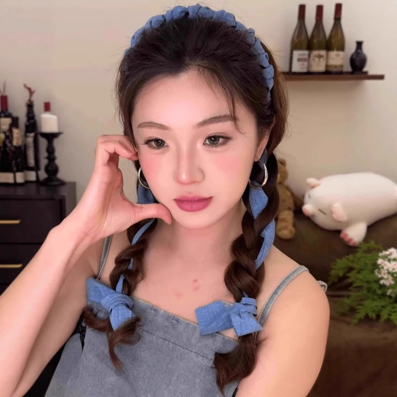 新款夏日清凉感麻花结甜辣少女全扎齿梳飘带发箍百搭牛仔飘带发带