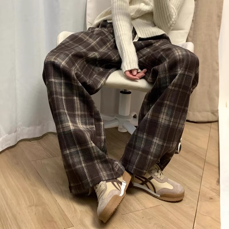 2025秋季美拉德咖色格子裤女美式复古慵懒风宽松显瘦阔腿裤子