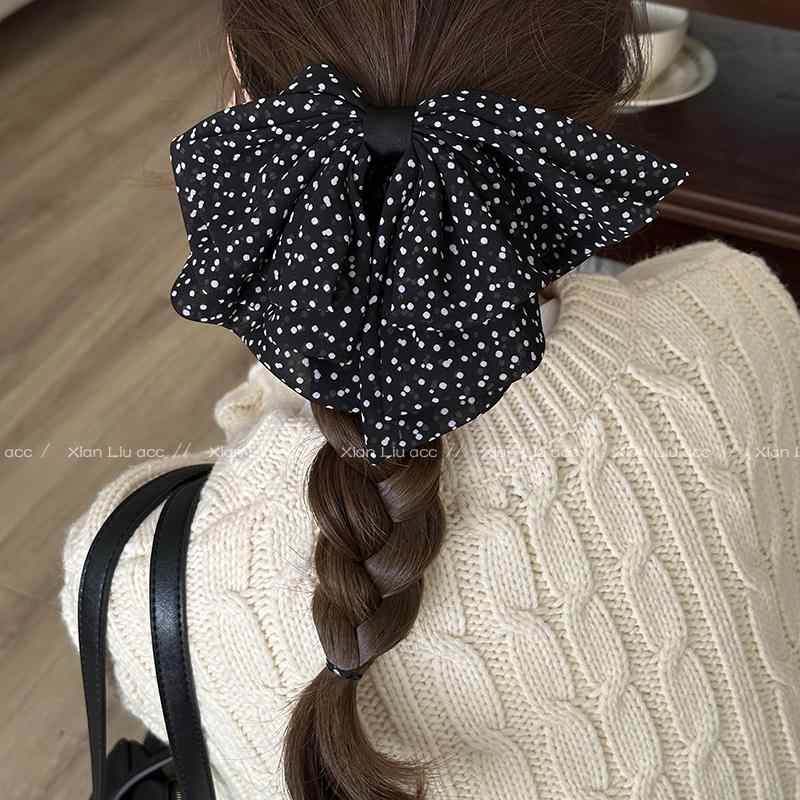 法式三层网纱波点蝴蝶结马尾夹公主头发抓夹女高级感后脑勺发夹子